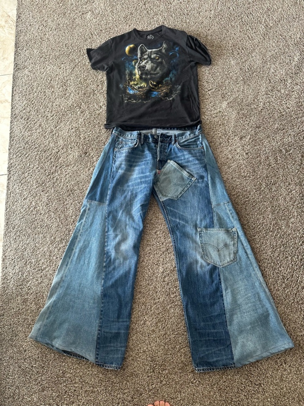 AllSaints Patchwork Blue Flared Jeans inseam 32 inches